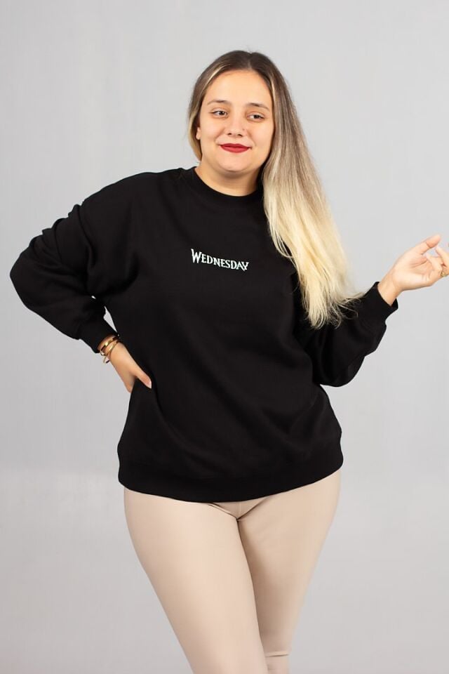 Arka Baskılı İçi Şardonlu Kapşonsuz Siyah 2 İplik Sweat