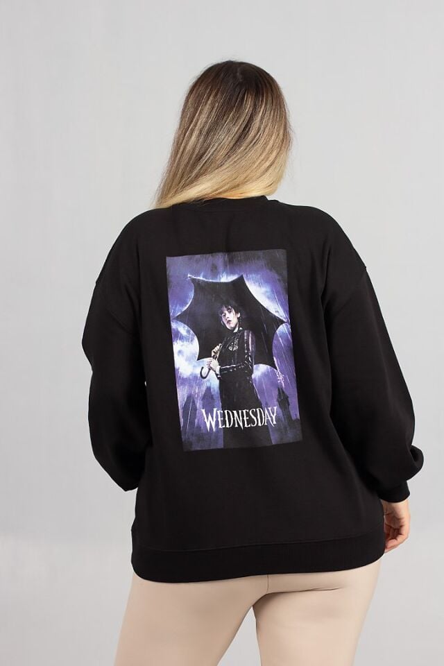 Arka Baskılı İçi Şardonlu Kapşonsuz Siyah 2 İplik Sweat