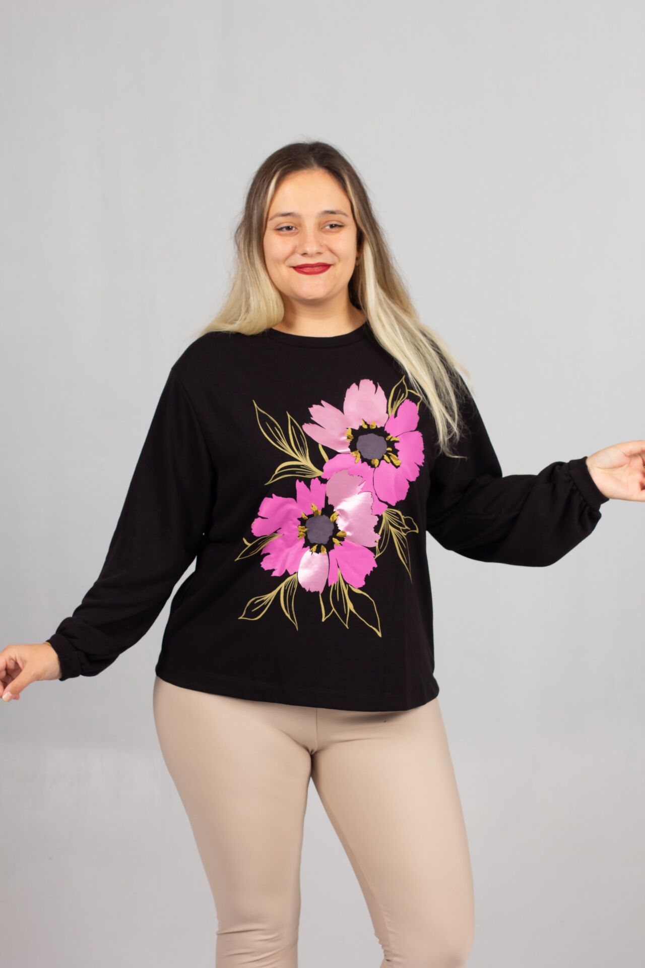 Bisiklet Yaka Siyah Çiçek Baskılı 2 İplik Şardonlu Penye Sweatshirt