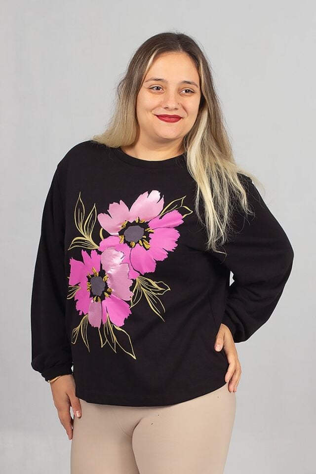 Bisiklet Yaka Siyah Çiçek Baskılı 2 İplik Şardonlu Penye Sweatshirt