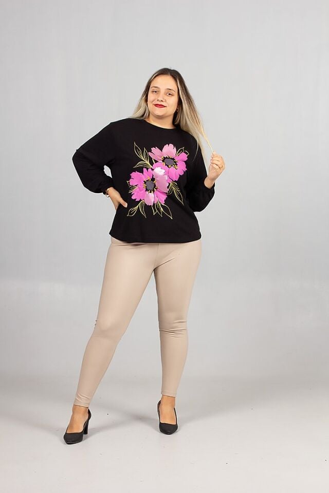 Bisiklet Yaka Siyah Çiçek Baskılı 2 İplik Şardonlu Penye Sweatshirt