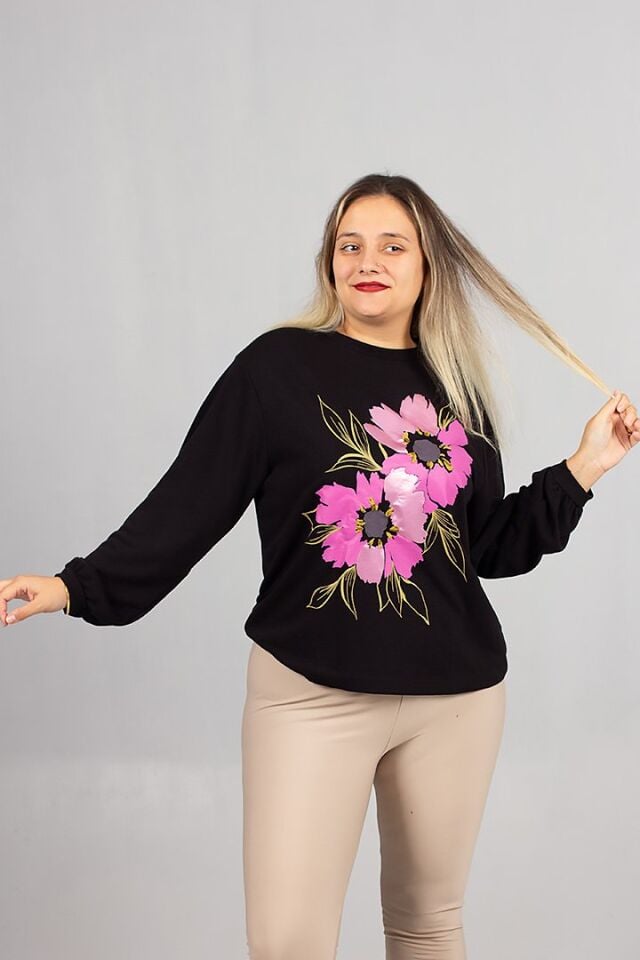 Bisiklet Yaka Siyah Çiçek Baskılı 2 İplik Şardonlu Penye Sweatshirt