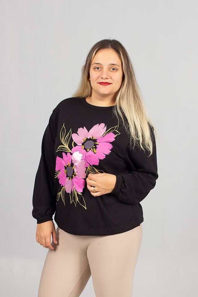 Bisiklet Yaka Siyah Çiçek Baskılı 2 İplik Şardonlu Penye Sweatshirt