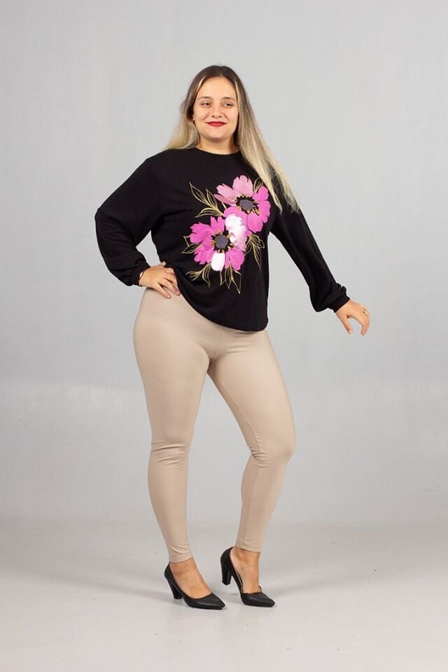 Bisiklet Yaka Siyah Çiçek Baskılı 2 İplik Şardonlu Penye Sweatshirt