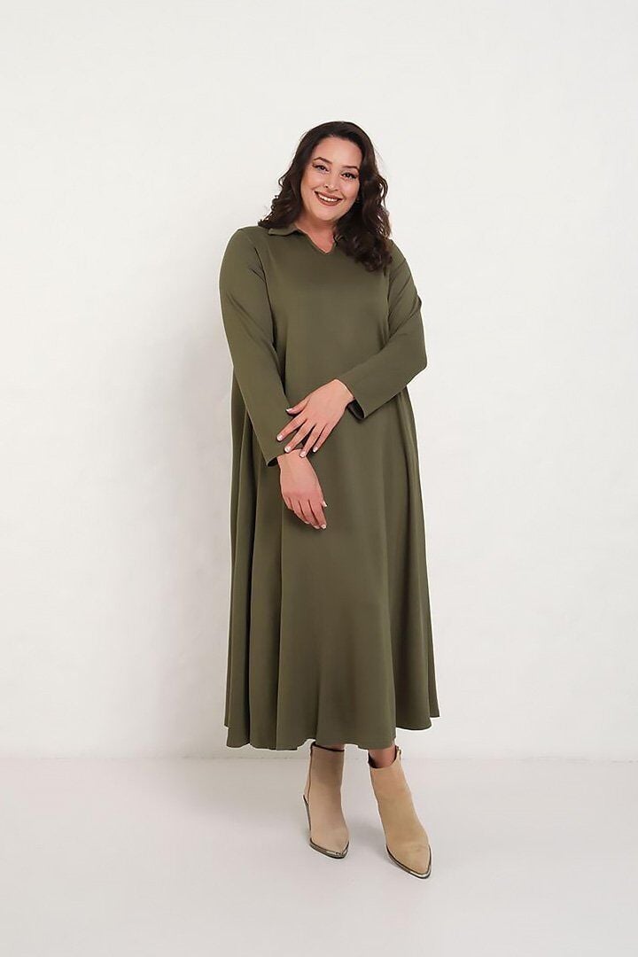 Büyük Beden Gömlek Yaka 2 İplik Pamuklu Salaş Elbise