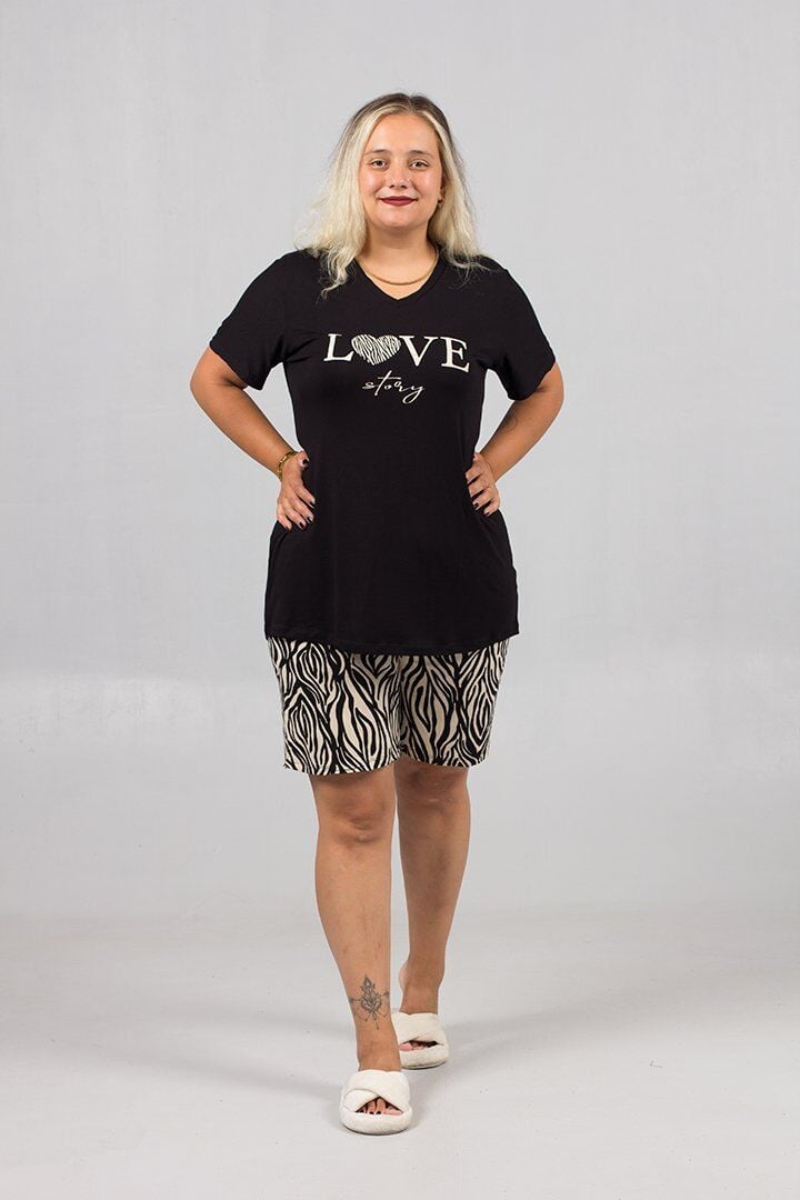 Kolları Dantelli ve Zebra Şortlu Büyük Beden Pijama Takımı