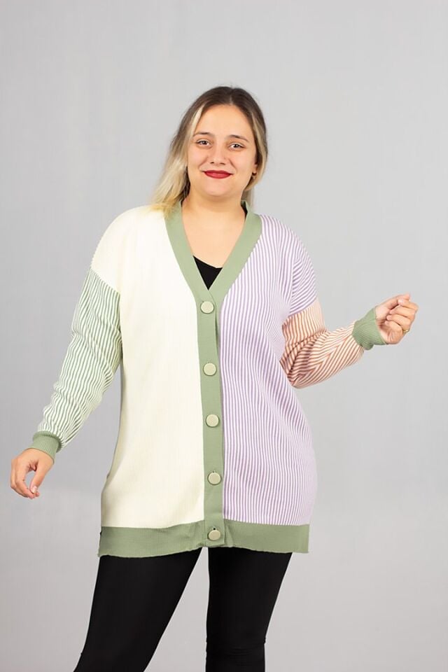 Kadın Çizgili Akrilik Triko Hırka Tunik Salaş Kesim (36-50 Beden)