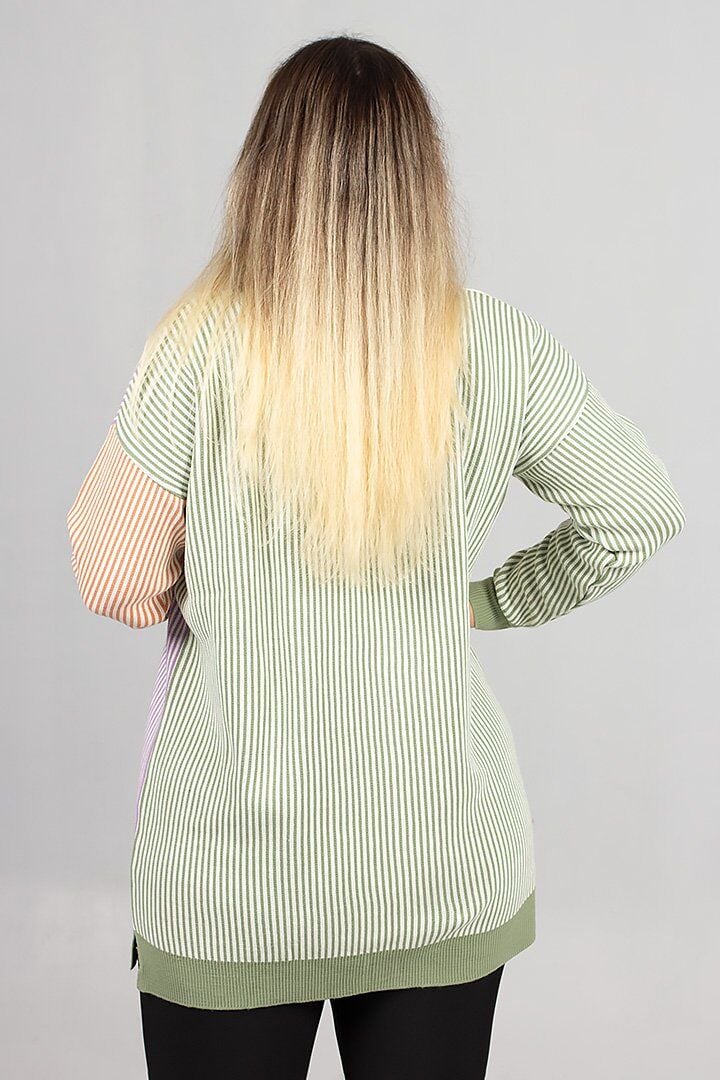 Kadın Çizgili Akrilik Triko Hırka Tunik Salaş Kesim (36-50 Beden)
