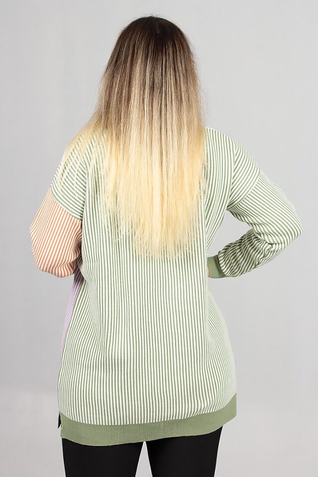 Kadın Çizgili Akrilik Triko Hırka Tunik Salaş Kesim (36-50 Beden)