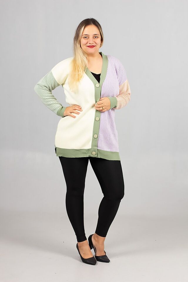 Kadın Çizgili Akrilik Triko Hırka Tunik Salaş Kesim (36-50 Beden)