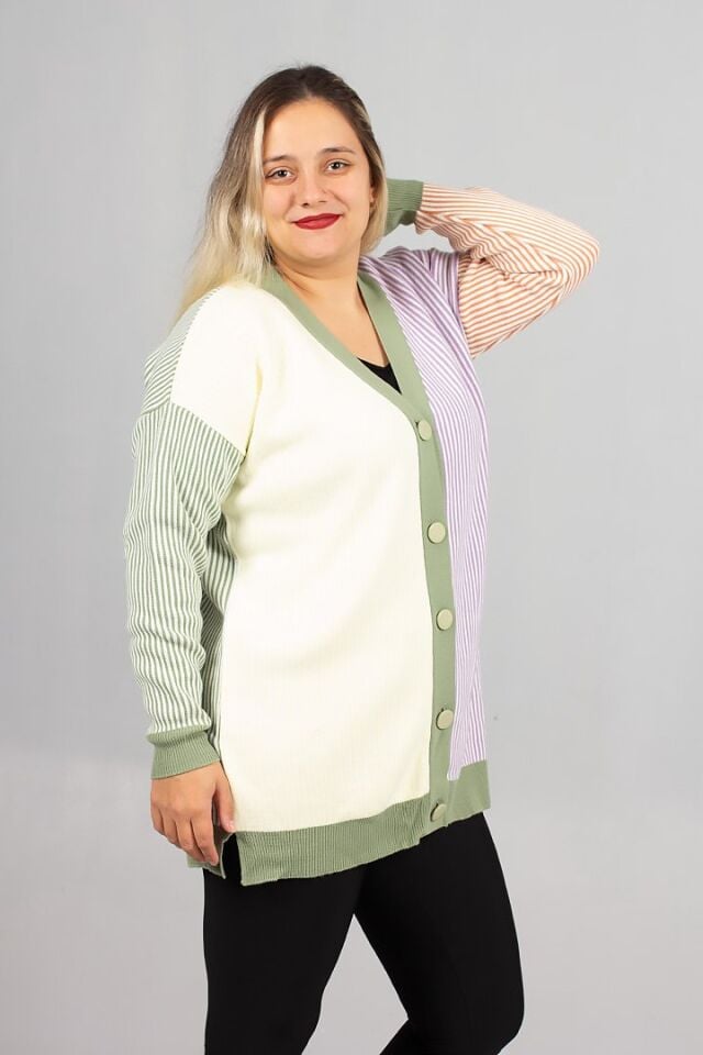 Kadın Çizgili Akrilik Triko Hırka Tunik Salaş Kesim (36-50 Beden)