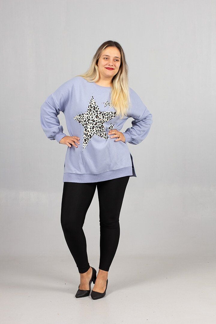 Büyük Beden Süt Mavisi İçi Şardonlu 2 İplik Droplu Salaş Sweatshirt