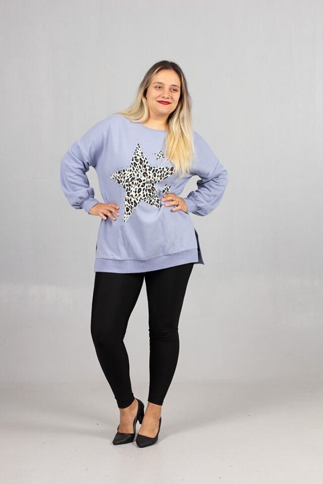 Büyük Beden Süt Mavisi İçi Şardonlu 2 İplik Droplu Salaş Sweatshirt