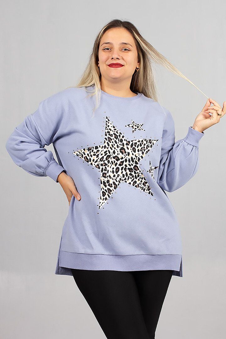 Büyük Beden Süt Mavisi İçi Şardonlu 2 İplik Droplu Salaş Sweatshirt