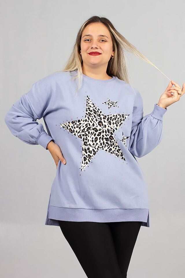 Büyük Beden Süt Mavisi İçi Şardonlu 2 İplik Droplu Salaş Sweatshirt