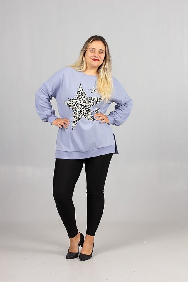 Büyük Beden Süt Mavisi İçi Şardonlu 2 İplik Droplu Salaş Sweatshirt