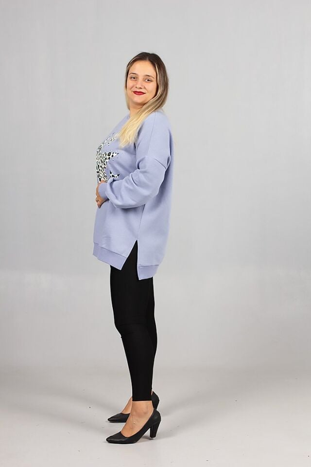 Büyük Beden Süt Mavisi İçi Şardonlu 2 İplik Droplu Salaş Sweatshirt