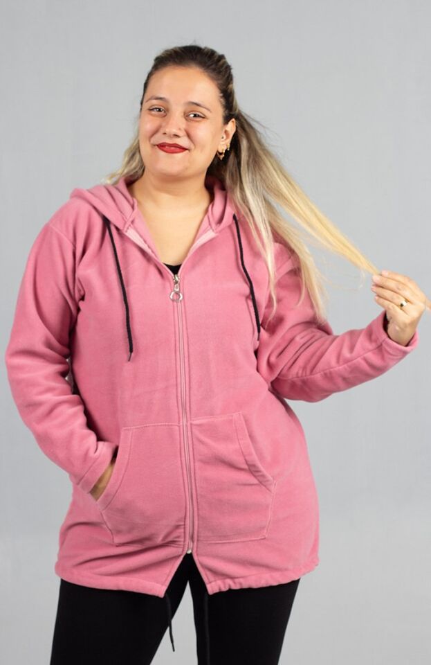 Kadın Pembe Kapşonlu Polar Üst - Yumuşak Kışlık Büyük Beden