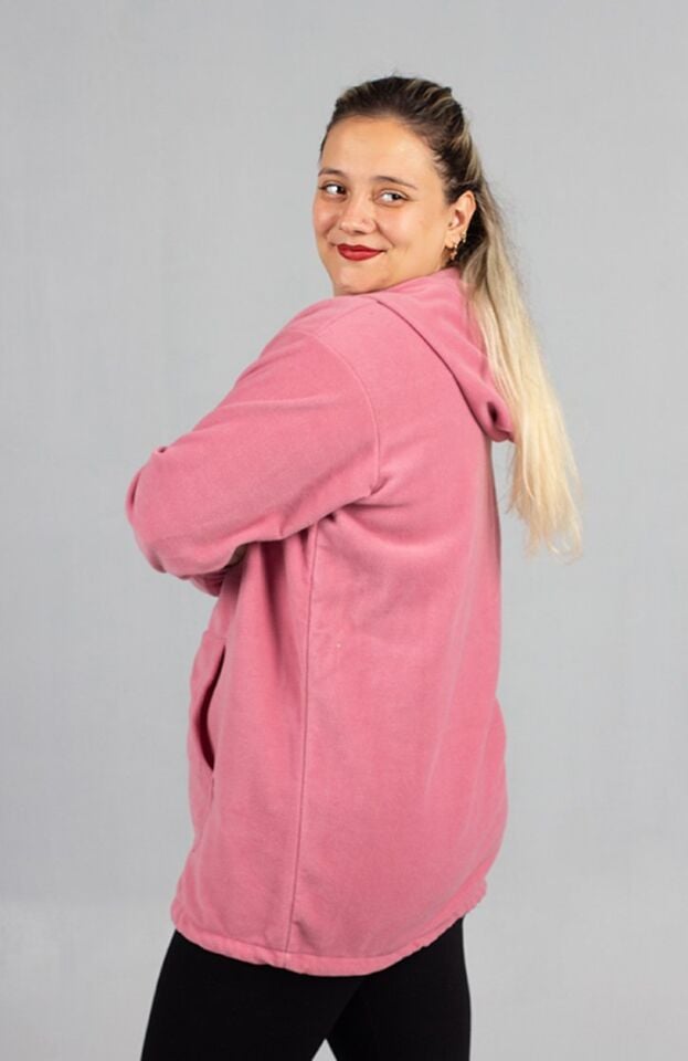 Kadın Pembe Kapşonlu Polar Üst - Yumuşak Kışlık Büyük Beden