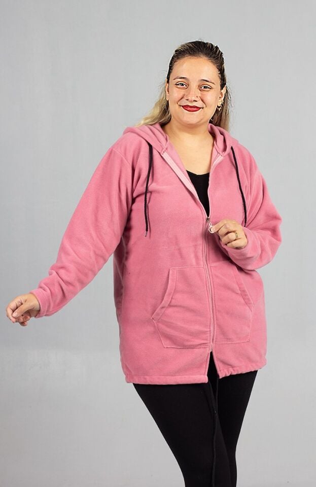 Kadın Pembe Kapşonlu Polar Üst - Yumuşak Kışlık Büyük Beden