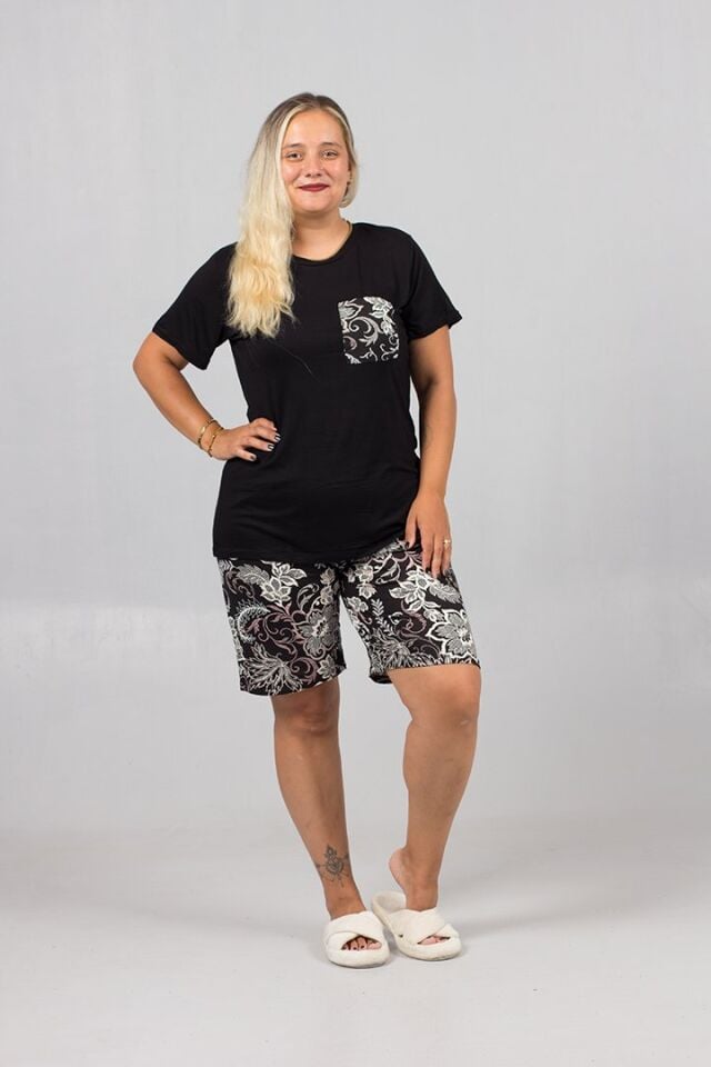 Büyük Beden Siyah Pijama Takımı - Desenli Şortlu