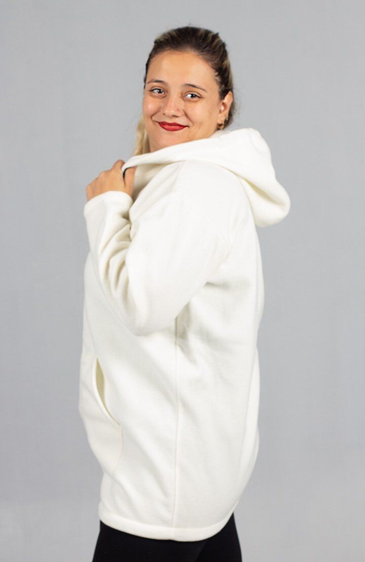 Kışlık Beyaz Kapşonlu Polar - Büyük Beden Rahat Kalıp