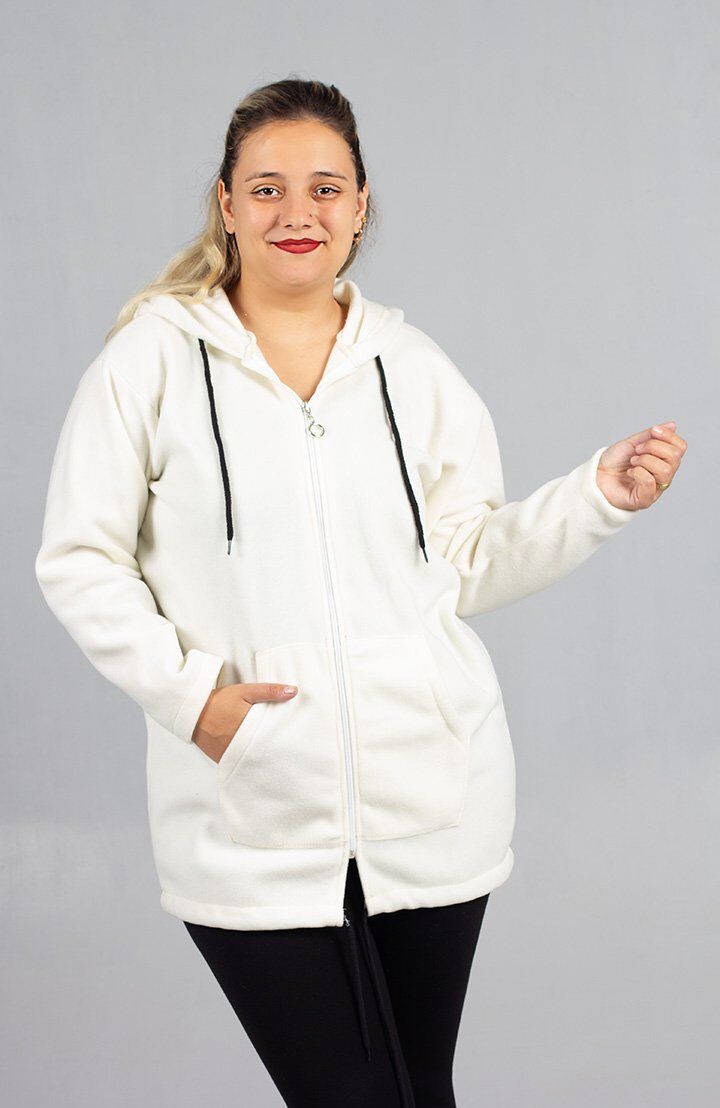 Kışlık Beyaz Kapşonlu Polar - Büyük Beden Rahat Kalıp