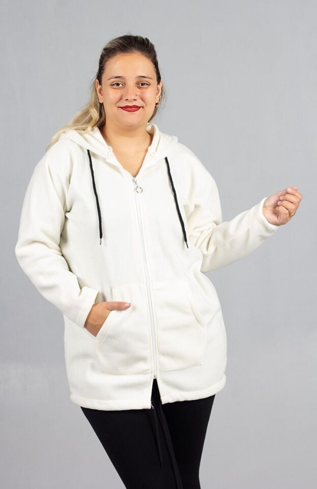 Kışlık Beyaz Kapşonlu Polar - Büyük Beden Rahat Kalıp