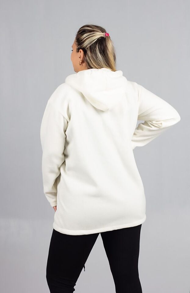 Kışlık Beyaz Kapşonlu Polar - Büyük Beden Rahat Kalıp