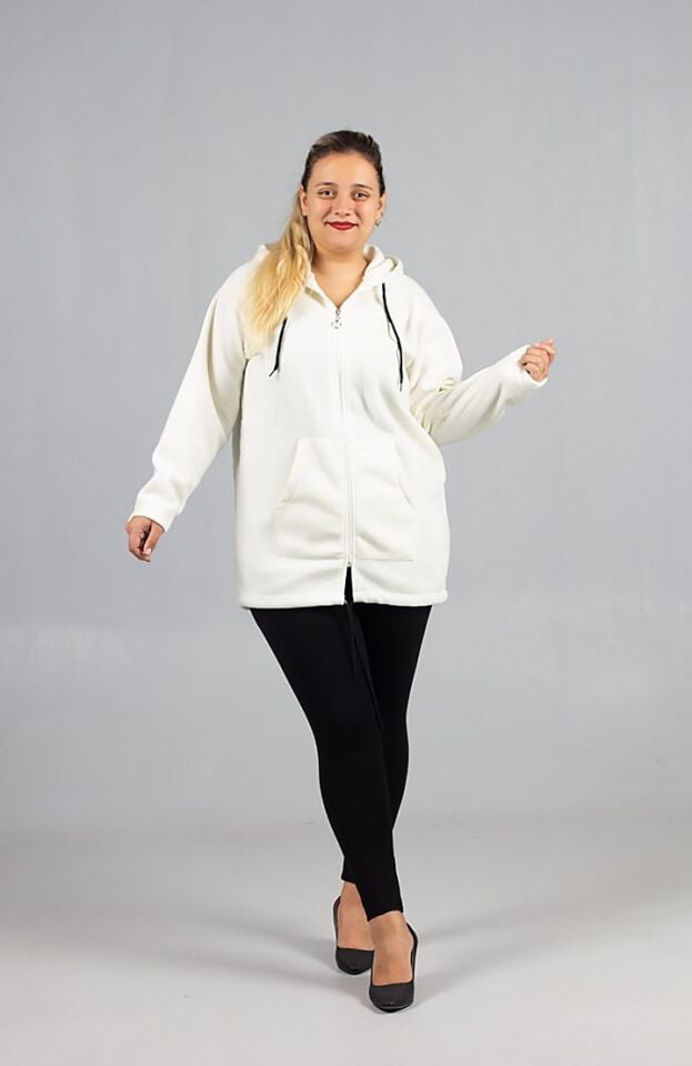 Kışlık Beyaz Kapşonlu Polar - Büyük Beden Rahat Kalıp