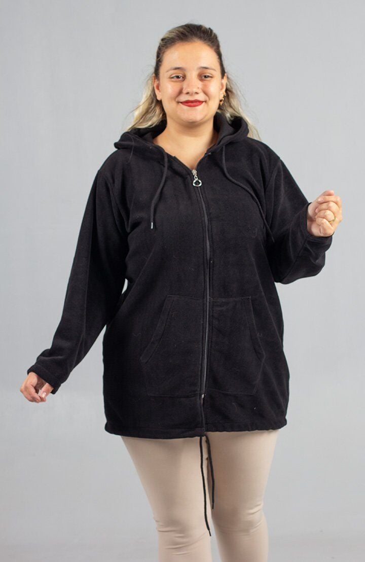Kadın Klasik Siyah Polar Kapşonlu