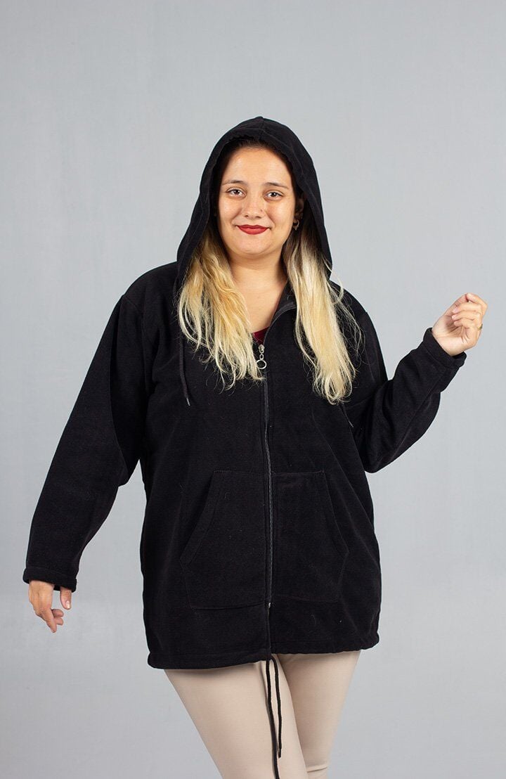 Kadın Klasik Siyah Polar Kapşonlu