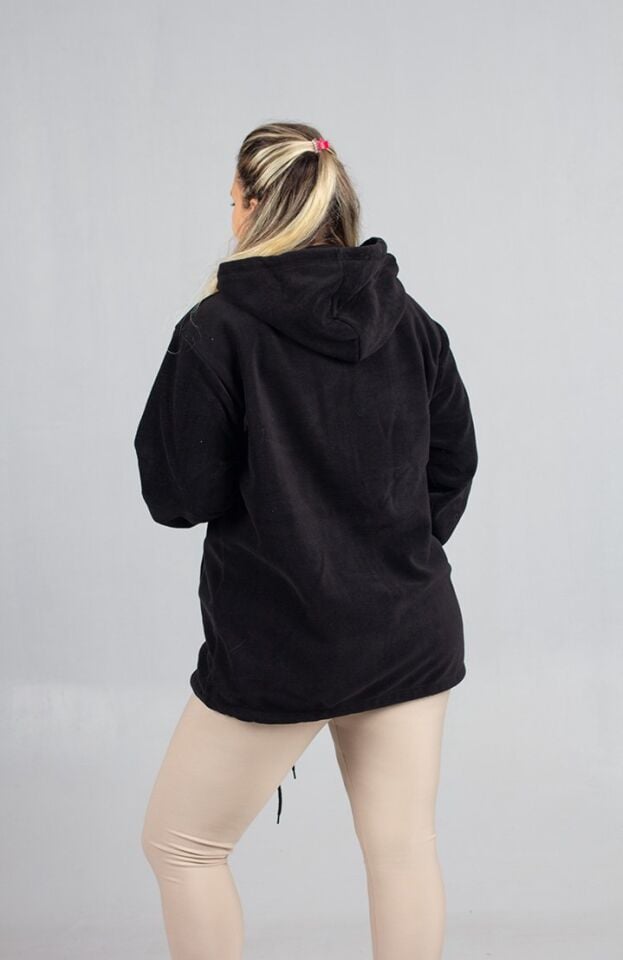 Kadın Klasik Siyah Polar Kapşonlu