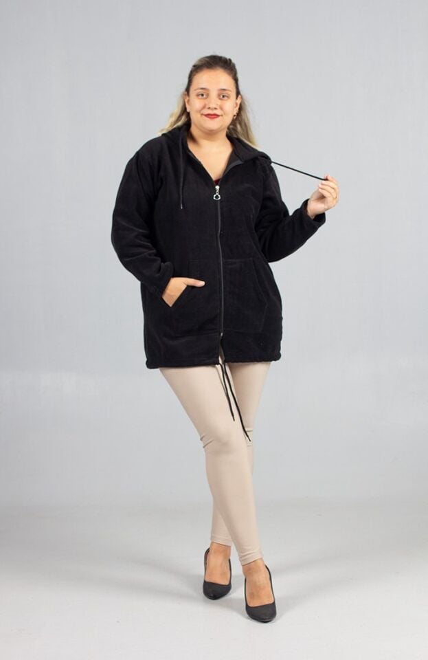 Kadın Klasik Siyah Polar Kapşonlu