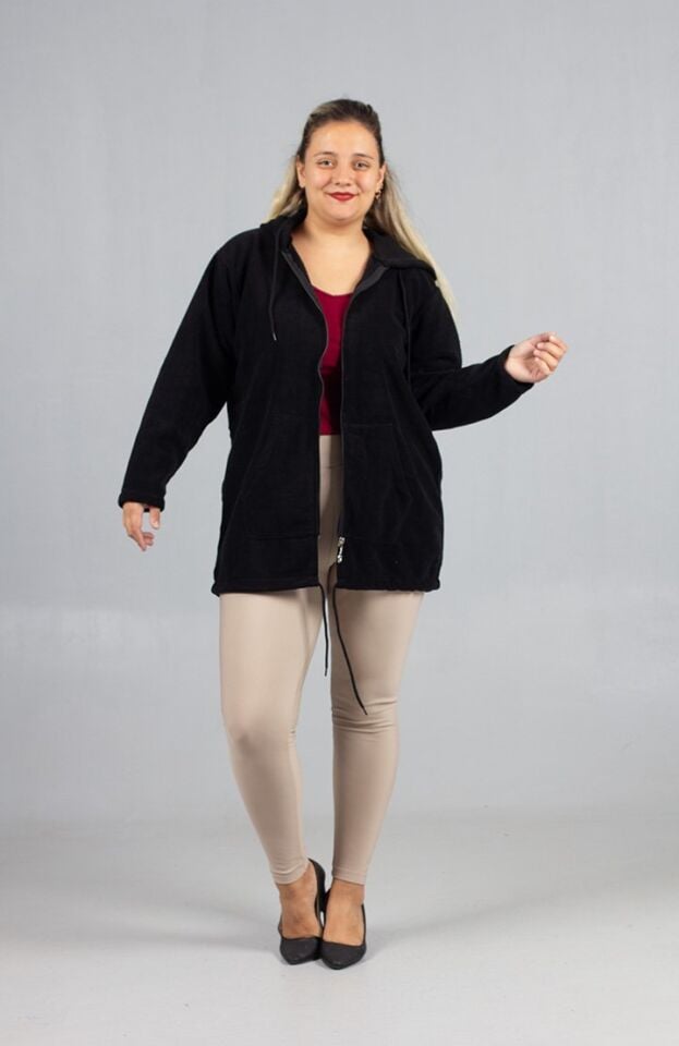 Kadın Klasik Siyah Polar Kapşonlu