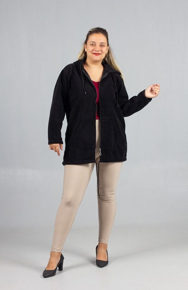 Kadın Klasik Siyah Polar Kapşonlu