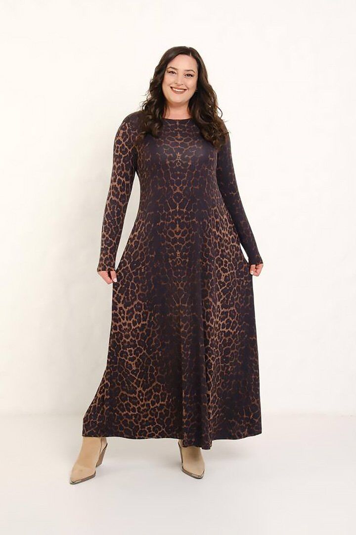 Kadın Leopar Desen Trend Maxi Elbise - Likralı Pamuklu Uzun Kollu