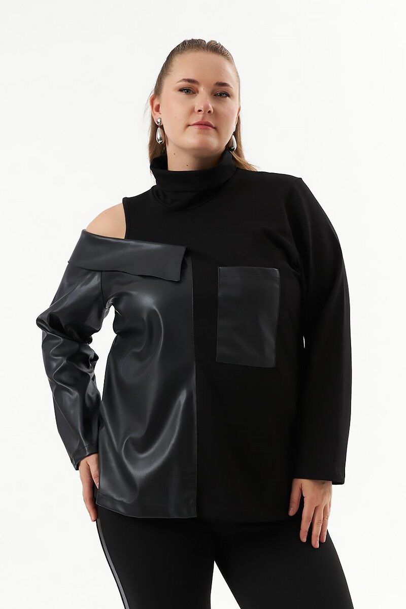 Tek Omuz Pencere Deri Garnili Sweatshirt
