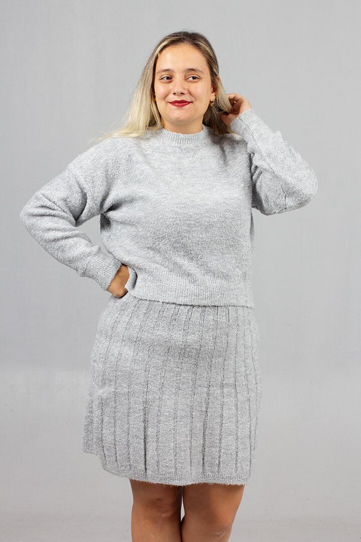 Açık Gri Triko Etek Kazak Takım | 46 Bedene Kadar Minimalist Şıklık