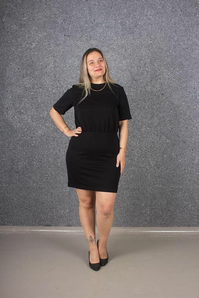 Büyük Beden Kısa Kol Belden Lastikli Elbise Siyah Elb649