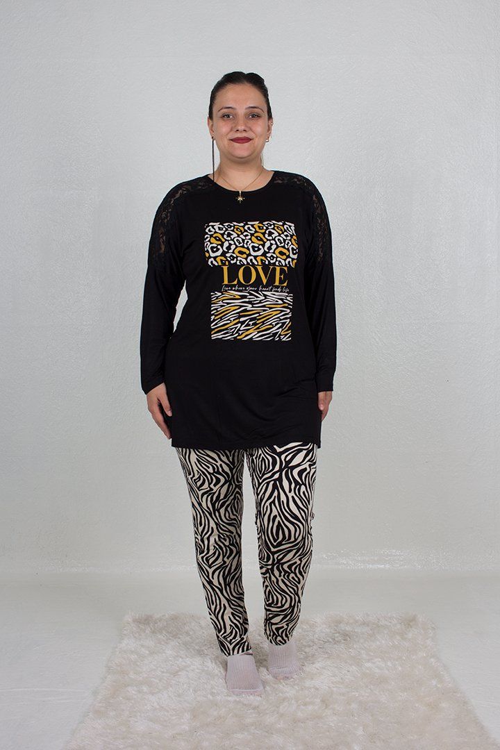 Büyük Beden Omuz Detaylı alt Zebra Desen Pijama Takım