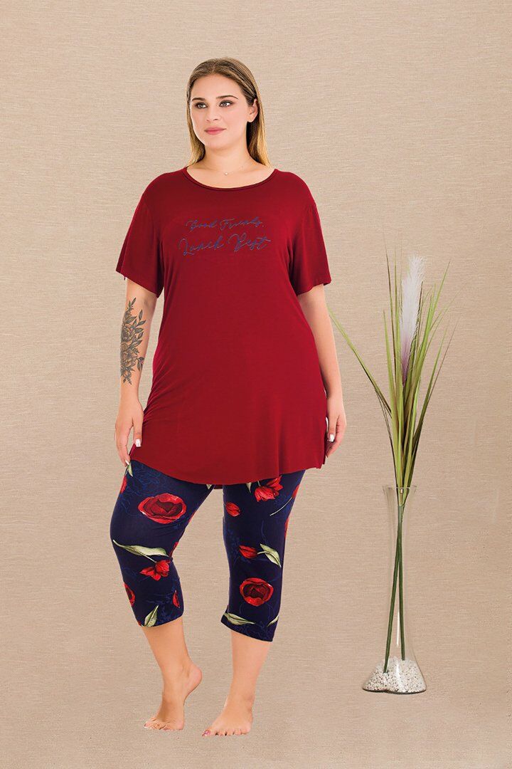 Büyük Beden Kapri Alt Desenli Pijama Takım