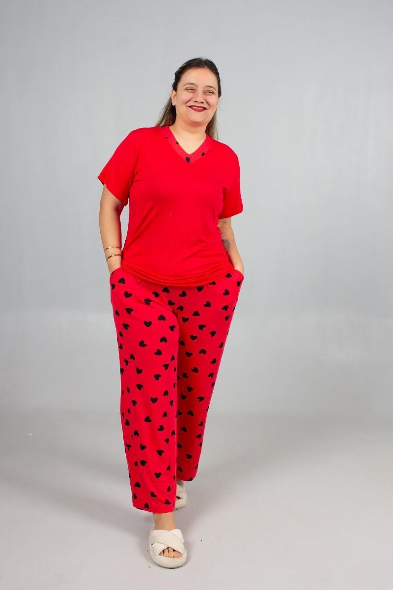 Büyük Beden Kalp Desenli Viskon Pijama Takım