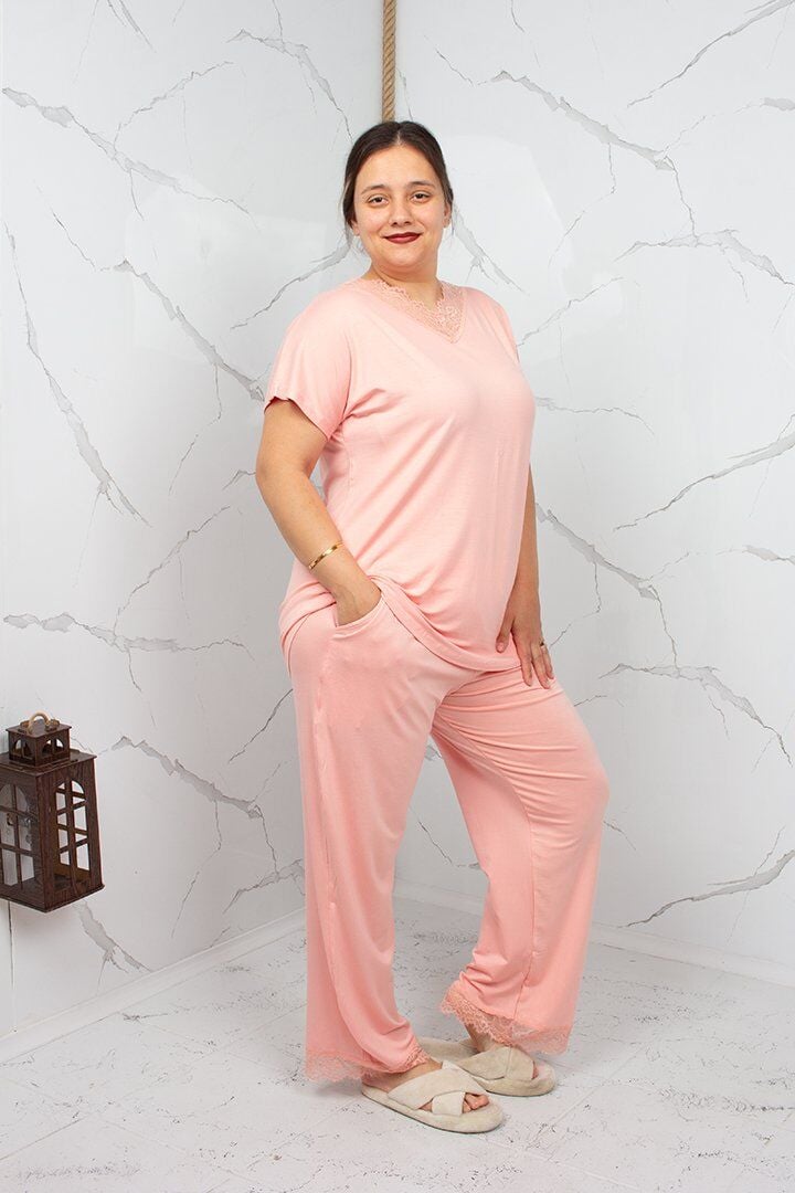 Büyük Beden Dantelli Viskon Pijama Takımı Pudra