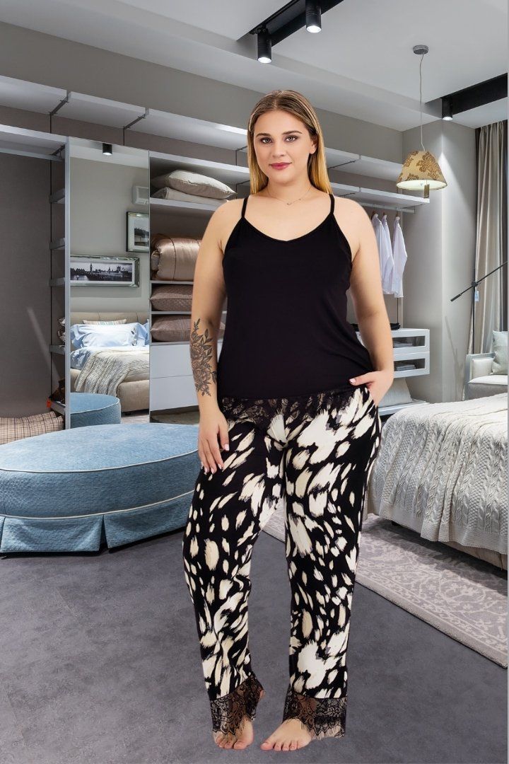 Büyük Beden Askılı Alt puantiyeli Dantel Detaylı Pijama Takım