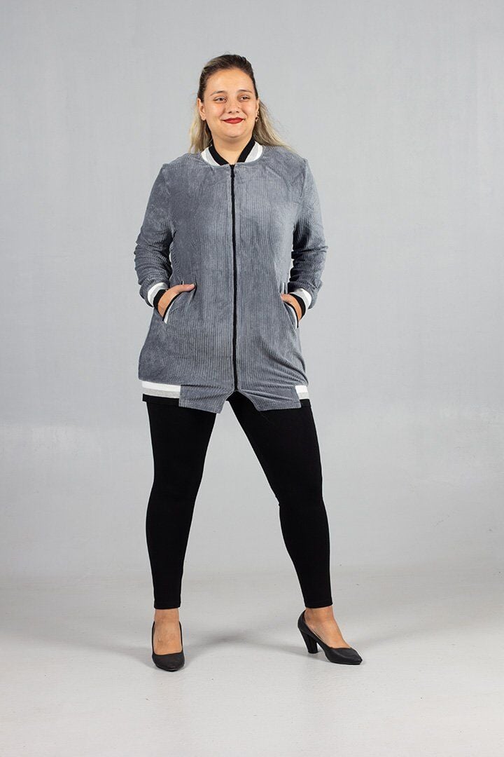 Kadife Kolej Mont Gri Fitilli Kadife Oversize Kolej Ceket