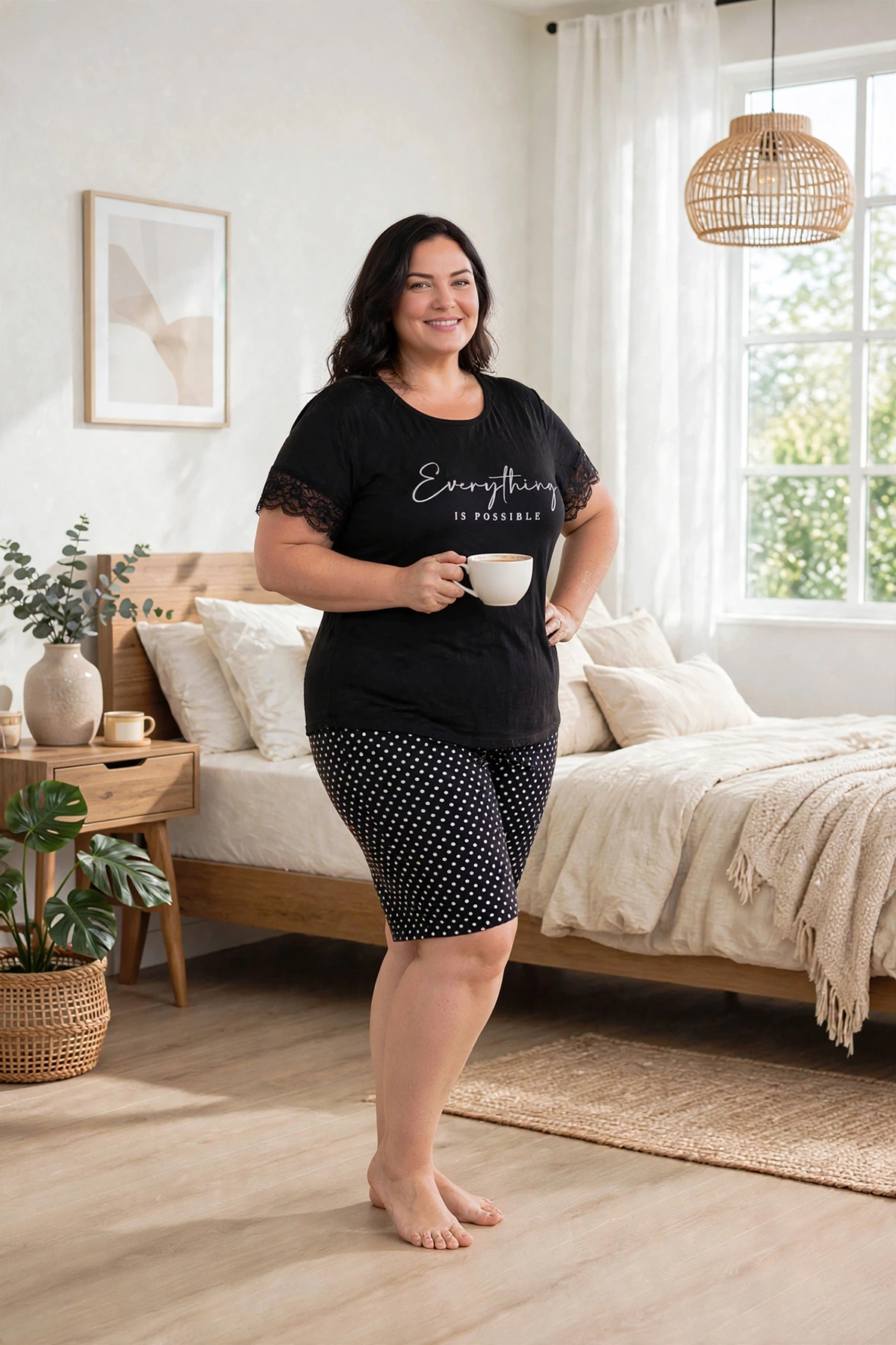 Kadın Büyük Beden Dantelli Viskon Şortlu Pijama Takımı