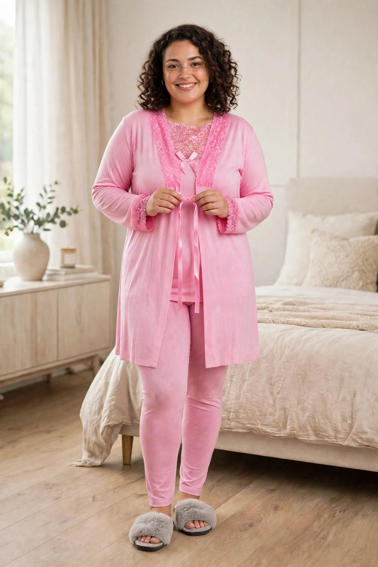 Kadın Büyük Beden Dantelli Pembe Sabahlıklı Pijama Takımı