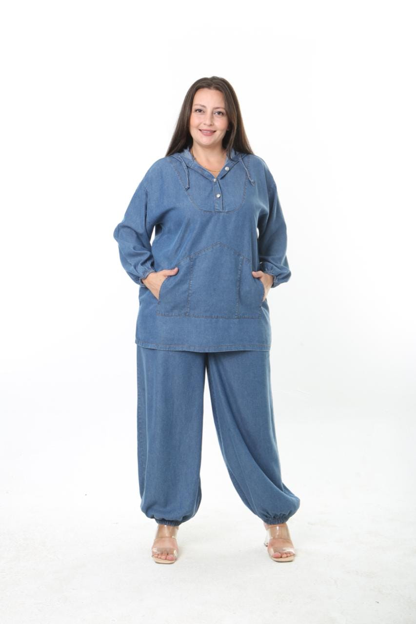 Oversize Kapşonlu Denim Takım Büyük Beden - Rahat Kesim